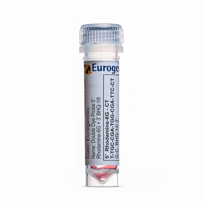 Example of a tube containing a Double Dye Probe 5’ Rhod-6G plus 3’ BHQ-1